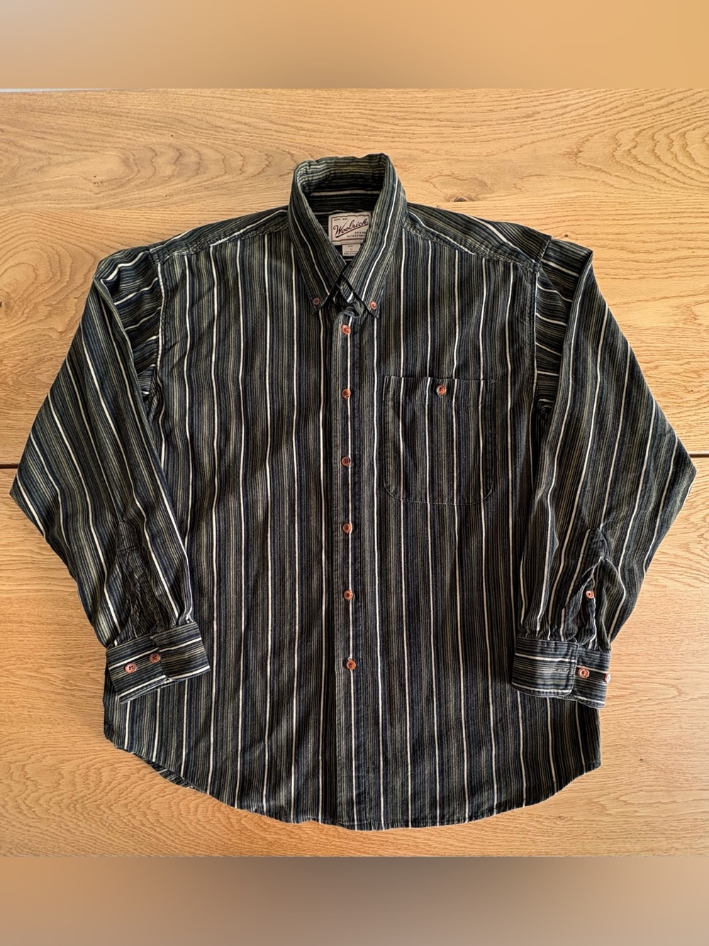 Vintage Woolrich Corduroy Shirt Mens L Striped Button Up Long Sleeve Olive